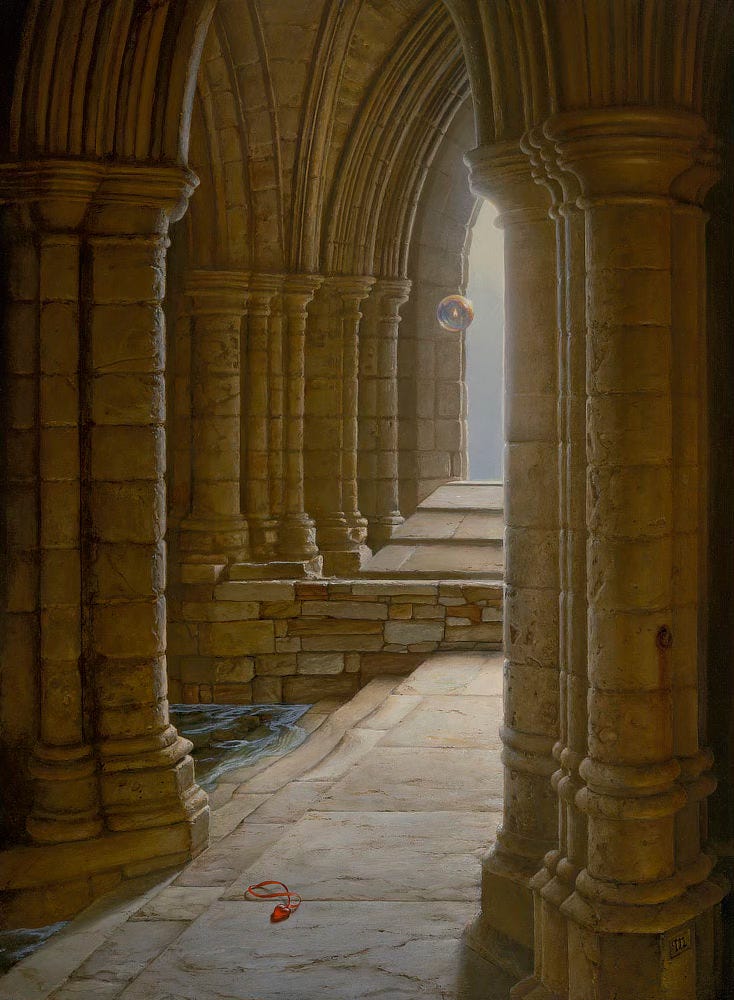 A red glass heart tied to a silk ribbon lies discarded on the worn stone steps of what could be some ancient temple. Water laps gently up the low climbing steps from the left while a passage between classical columns leads forward and up to a partially obscured peaked archway. A transparent vessel with a bubble-like sheen contains a solitary flame and floats toward the light beyond the archway.