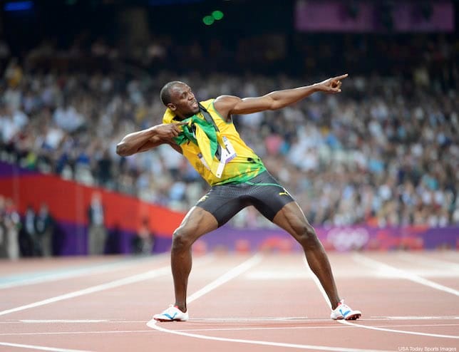 Aug 9, 2012; London, United Kingdom; Usain Bolt (JAM) celebrates after winning the gold in the men's 200m final during the London 2012 Olympic Games at Olympic Stadium. Mandatory Credit: Robert Deutsch-USA TODAY Sports