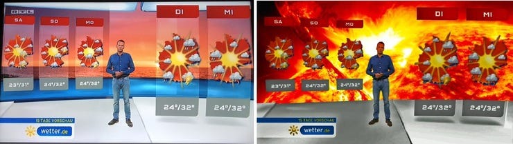 Beeldmanipulatie (rechts) die suggereert dat meteorologen klimaatangst aanjagen