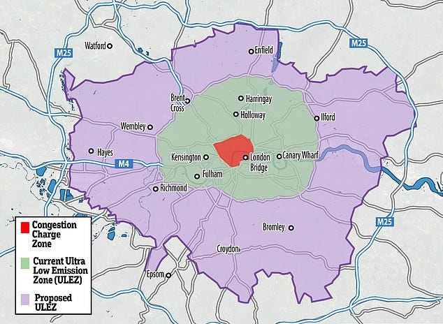 The Ulez zone will expand to much of the area inside the M25 in August