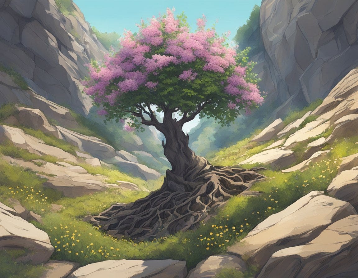 A tree growing from rocky soil, surrounded by wilted flowers, reaching towards the sunlight