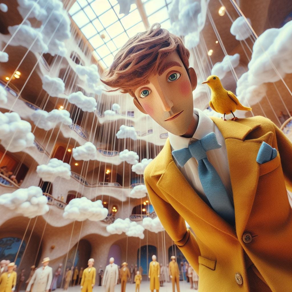 Tilt shift; hyper realistic, Casa Batllo Barcelona Spain.inside of the building. paper mache and wood honey brown haired red wool wooden puppet with strings controlled from above. Puppet is in yellow silk suit with cerrelean blue ascot a sparrow made of sticks on his shoulder. Yellow italian shoes.cufflinks. he is leaning into camera. serene expression.Fluffy clouds in a sunny sky made of silk fille the room, there is no ceiling. Prisms of purple light