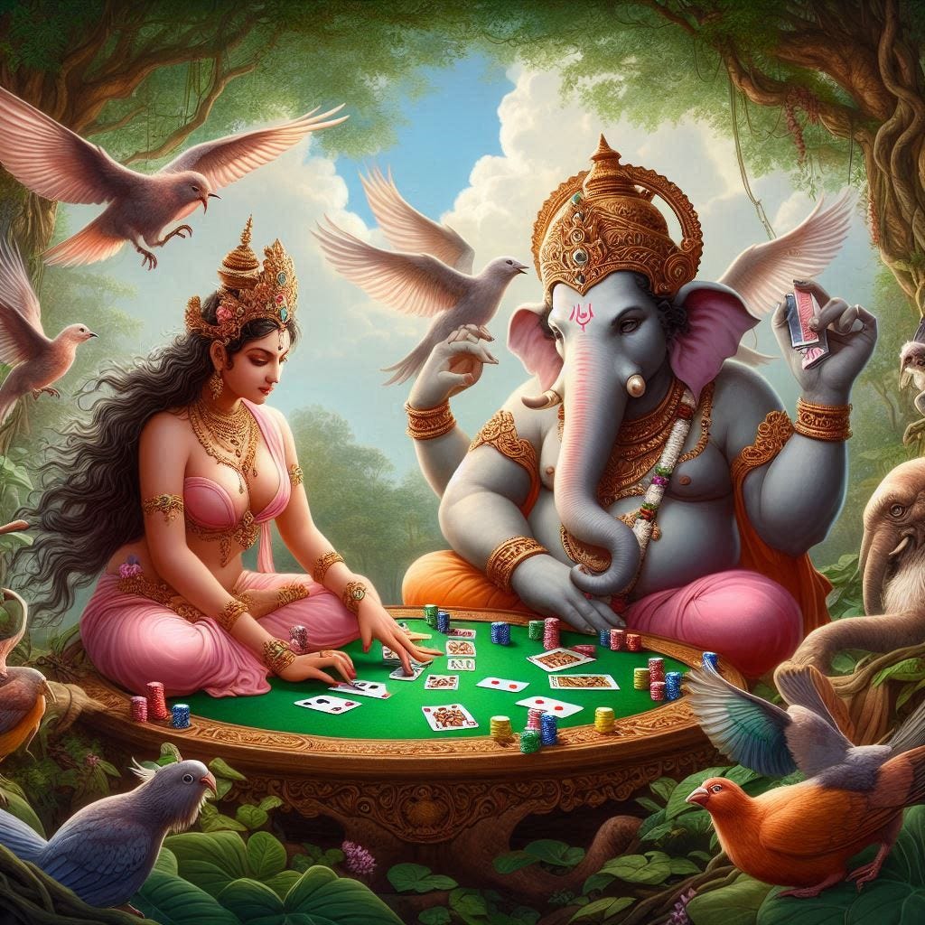 the goddess Gaia plays poker with the god Ganesha in the forest among birds 