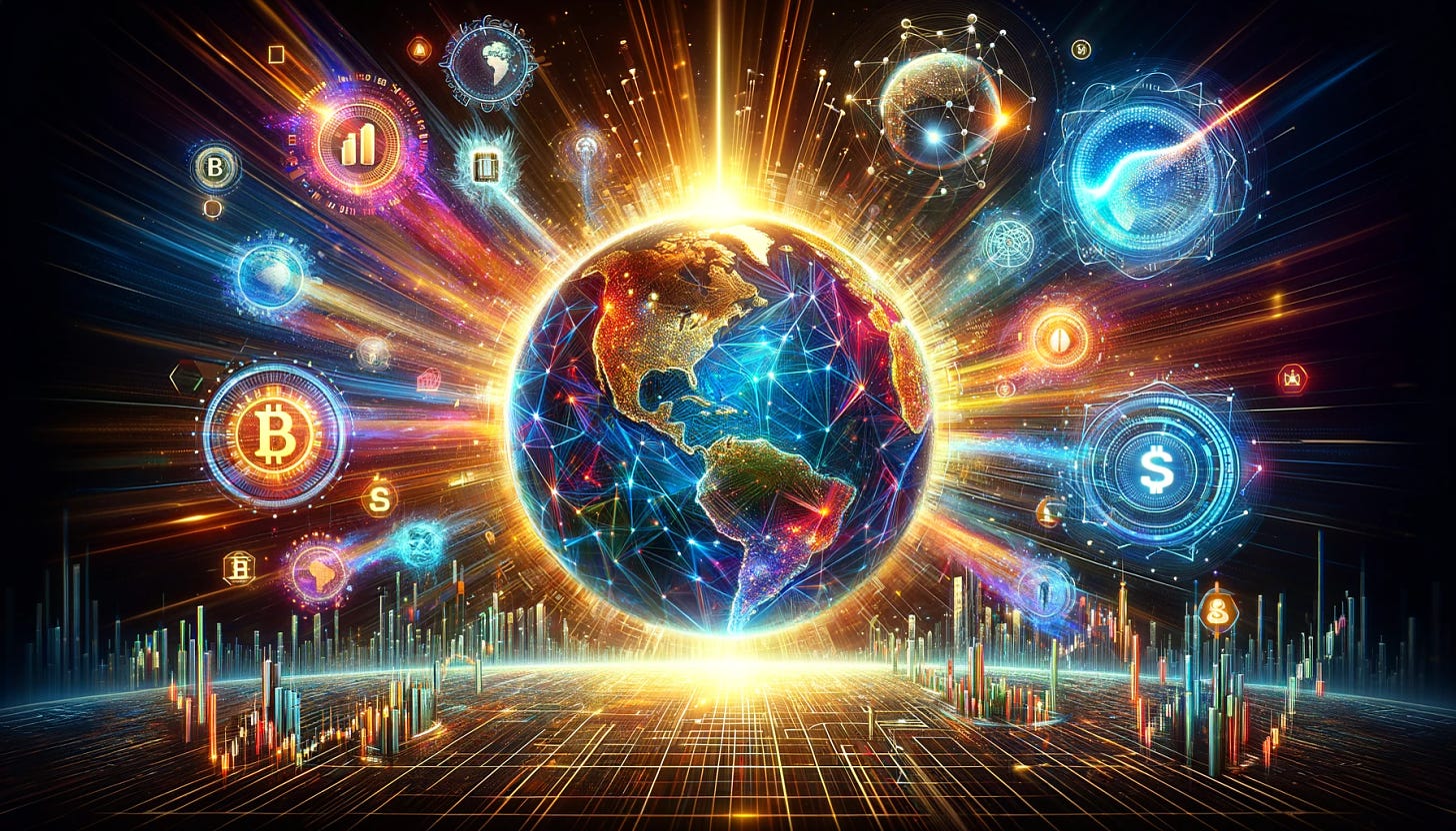 Create a vibrant and dynamic image that represents the global surge in tokenization activities. The image should depict a globe surrounded by various symbols of finance and investment, such as digital tokens, blockchain networks, and financial charts, all emanating energy and connectivity. The visual style should convey a sense of innovation, growth, and a pivotal moment in financial history. The image should capture the essence of tokenization transforming the financial landscape worldwide, symbolizing the rapid adoption, integration of digitized assets, and the excitement around this transformative moment. The globe should be at the center, illustrating the global impact, with radiant lines or digital connections spreading out to imply a network reaching every corner of the world. The background should suggest a digital, futuristic environment, blending traditional financial symbols with the modern, digital world of blockchain and cryptocurrencies. This image aims to embody the theme of this week's newsletter section on the explosive developments in tokenization activities, showing that it's 'catching fire' across the globe. Image size should be in a 16:9 format, suitable for inclusion in a newsletter.
