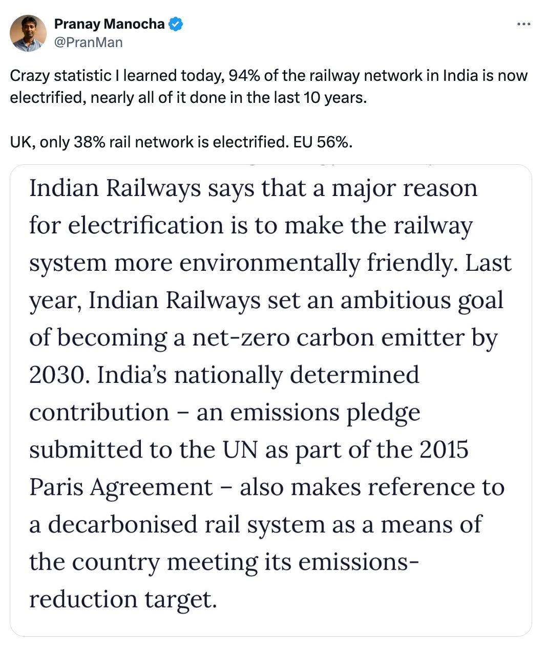  See new posts Conversation Pranay Manocha @PranMan Crazy statistic I learned today, 94% of the railway network in India is now electrified, nearly all of it done in the last 10 years.  UK, only 38% rail network is electrified. EU 56%.