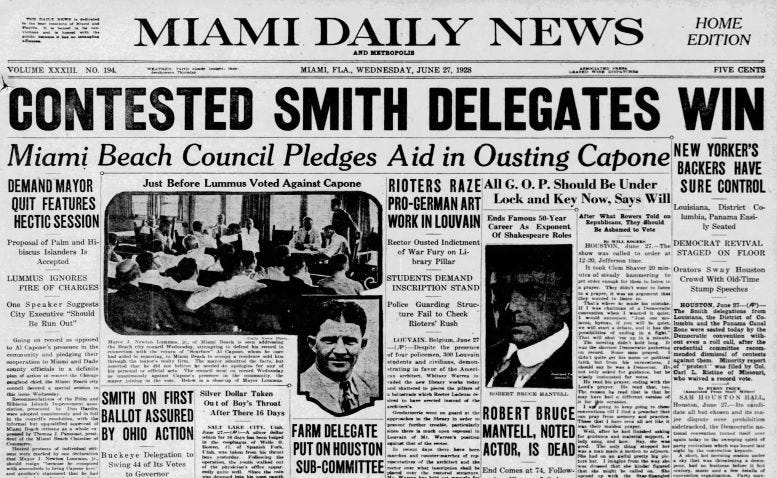 Front page of the Miami Daily News on Wednesday, June 27, 1928.