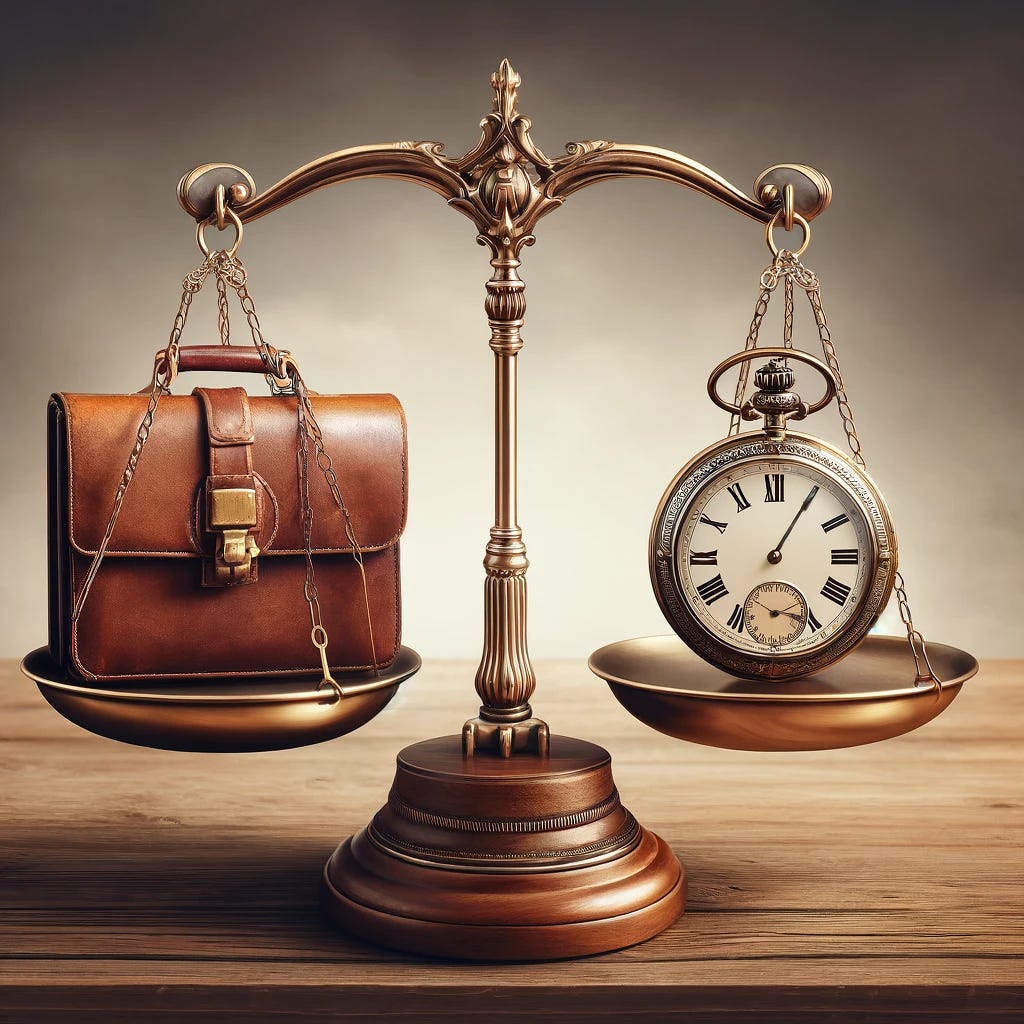 Create a photorealistic infographic without text, using detailed photography-style elements. Illustrate a balance scale with one side holding a leather briefcase and the other a vintage pocket watch, set against a backdrop of polished wood. This image symbolizes 'Separation Agreement' negotiations, with a focus on the balance between negotiated benefits and commitments, portrayed with a sense of timelessness and elegance.