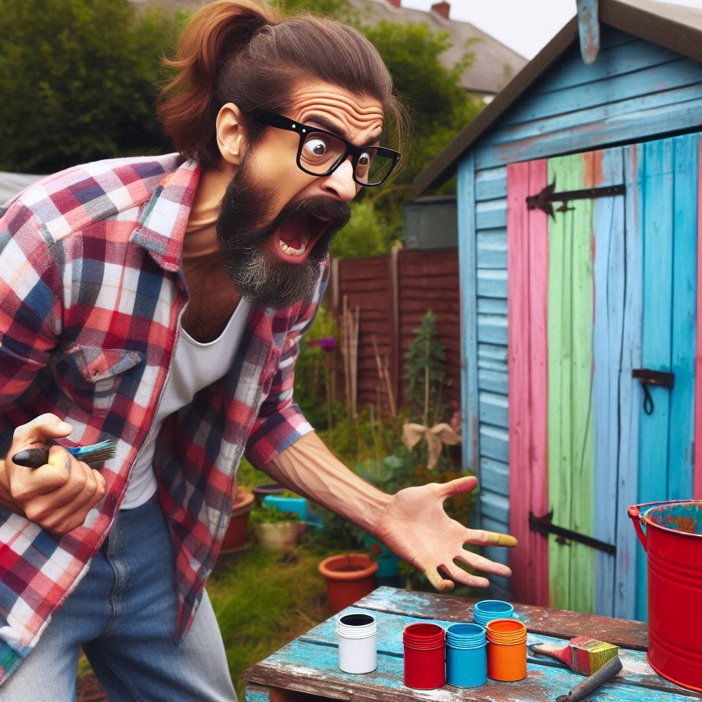 AI - A middle age man with ponytail , checked shirt and beard panicking on an allotment next to garden shed - frantically painting it in bright colours