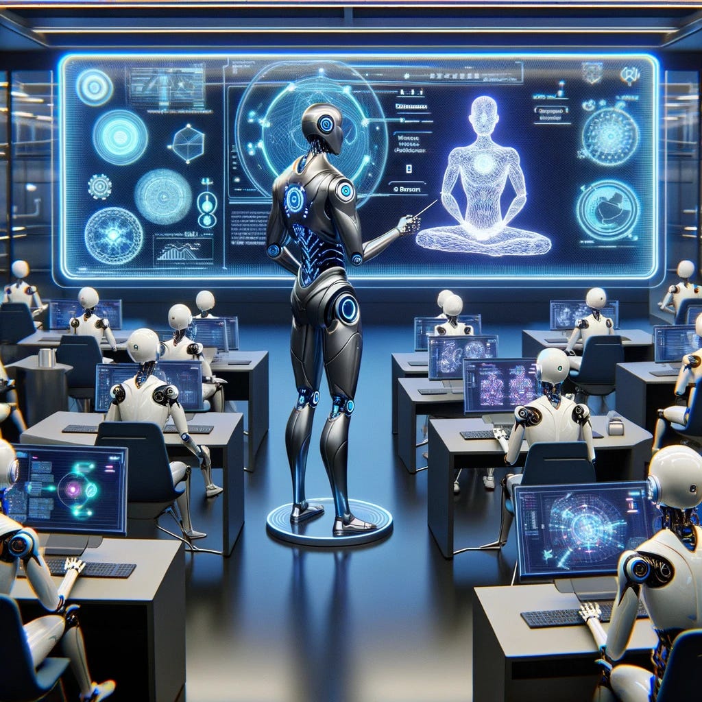 A scene in a futuristic classroom setting where a central AI model, designed as an advanced, humanoid robot with a sleek, metallic body and interactive digital display on its chest, is teaching a group of diverse AI models. These AI models vary in appearance, from smaller, simpler robotic forms to more complex, holographic entities. The central AI model is demonstrating a task on a large interactive screen, showing a sequence of 'trial and error' steps, with visualizations of errors and corrections. The other AI models are attentively observing, some displaying error messages on their screens, while others show corrected algorithms, illustrating the learning process.