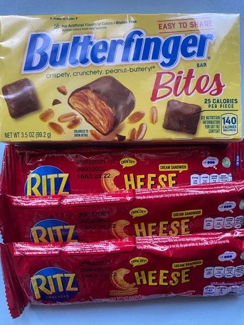 Butterfinger Bites and Ritz Cheese Cream Sandwich