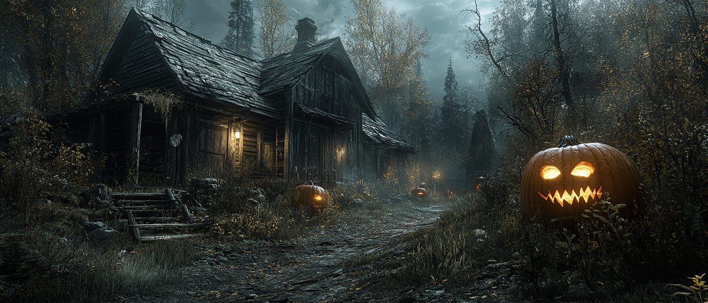 A dimly lit, abandoned wooden cabin sits in a dense, foggy forest under a gloomy sky. Carved jack-o'-lanterns with menacing expressions and glowing faces are scattered along the overgrown path leading to the cabin, adding an eerie, haunted feel to the scene. The largest jack-o'-lantern in the foreground features sharp, jagged teeth and intense glowing eyes.