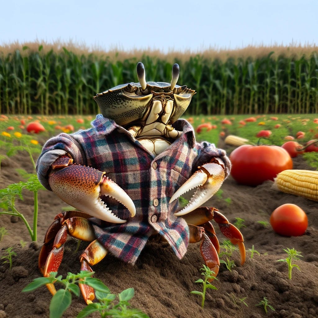 A crab standing in a field of mixed crops, wearing a shirt of mixed fibers and striking a confident pose. The field has a variety of crops such as corn, wheat, and tomatoes, and the crab appears to be surveying its domain proudly.