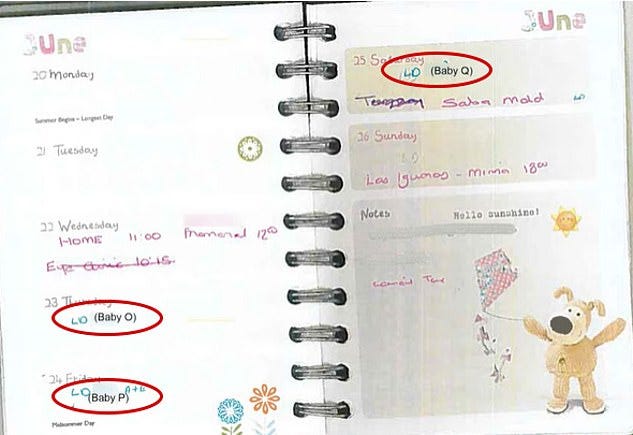 Lucy Letby used a 'code' to mark the dates of her crimes in a diary, police said. Dates marked include June 23 and 24. The marks in black were done by police, while the red circles were added by MailOnline