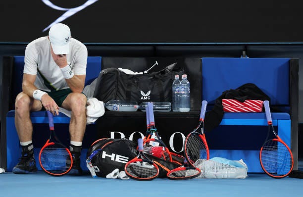 Andy Murray of Great Britain reacts during the change over in their round two singles match against Thanasi Kokkinakis of Australia during day four...