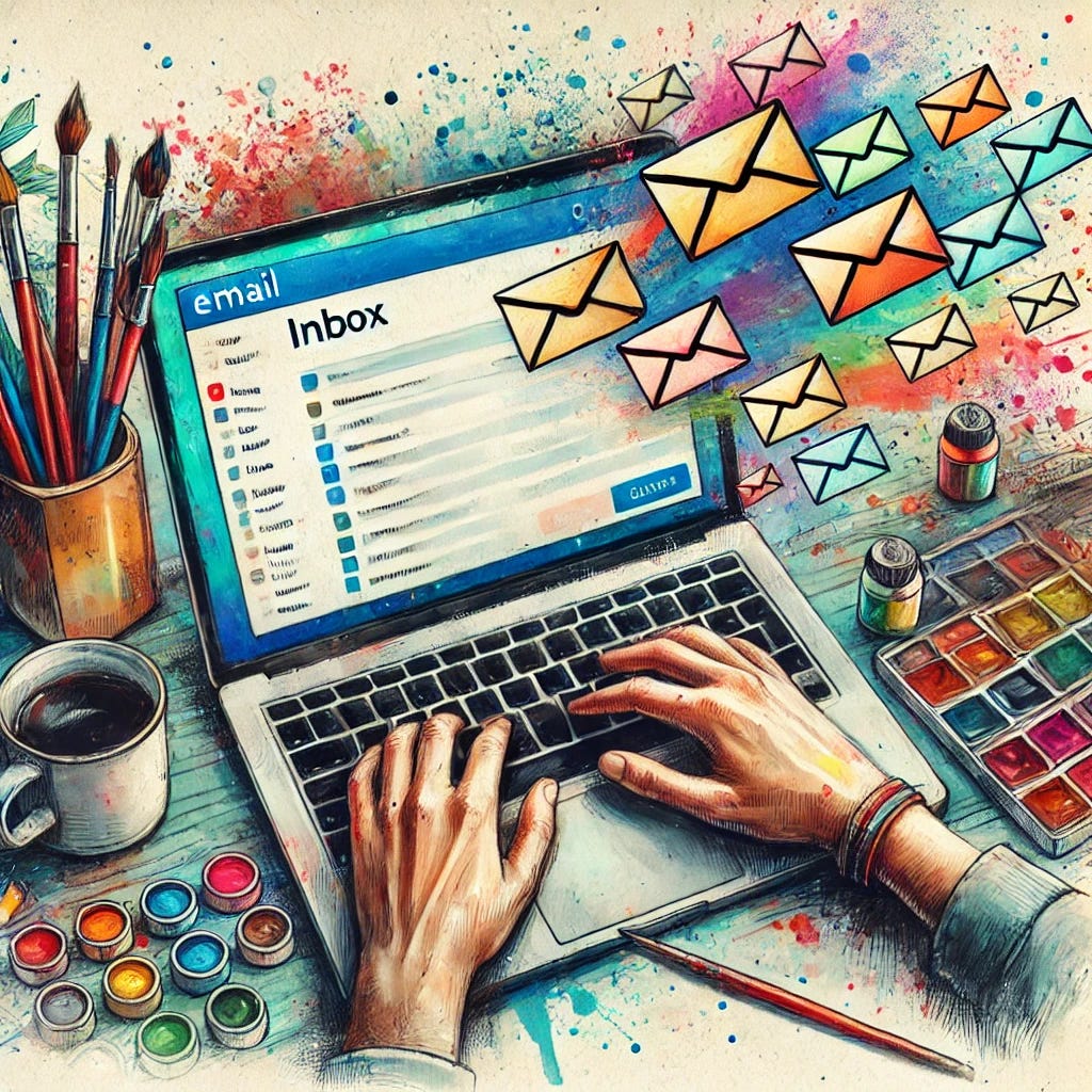 A vibrant watercolor-style digital painting showing hands typing on a laptop. The laptop screen displays a beautifully designed email interface with folders like Inbox, Sent, and Drafts, and a highlighted email composition window. Additional details include envelopes flying out of the screen, symbolizing communication, and artistic paint splashes blending into the background. The desk features colorful art supplies like brushes, pencils, and a coffee cup, emphasizing a balance of creativity and technology.