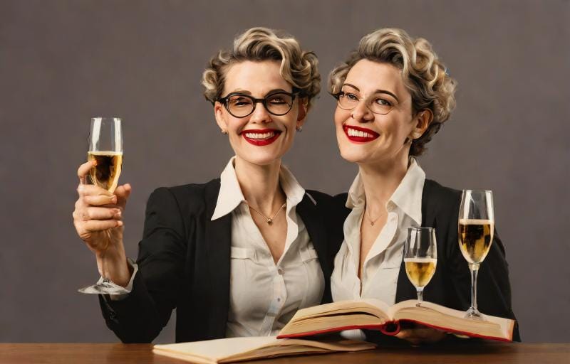 An AI generated photo with two women whose faces are all smooshed and wonky, and who look exactly alike, attached maybe as conjoined twins, one is holding up a glass of champagne and the other has a book in her hand with two glasses of champage floating on it. It is ridiculously unrealistic.