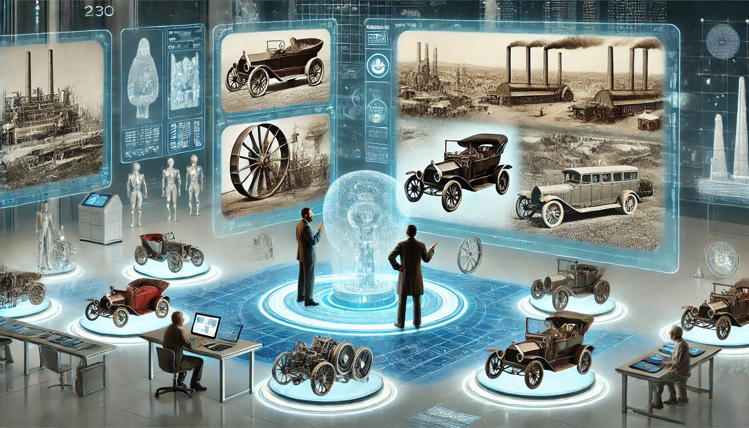 A futuristic scene set in the year 2300, featuring two anthropologists engaged in a discussion about the significance of the internal combustion engine. The setting is advanced, with holographic displays showing historical images of cars, factories, and agriculture from the past 300 years. The anthropologists are surrounded by futuristic technology, such as floating data screens and futuristic architecture. One of the holograms depicts an internal combustion engine, while others show different stages of technological evolution. The scene should convey a sense of reflection and debate on the engine's long-term impact, without including any text.