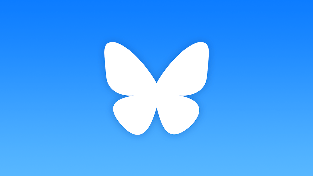 The Bluesky butterfly logo on a blue gradient background