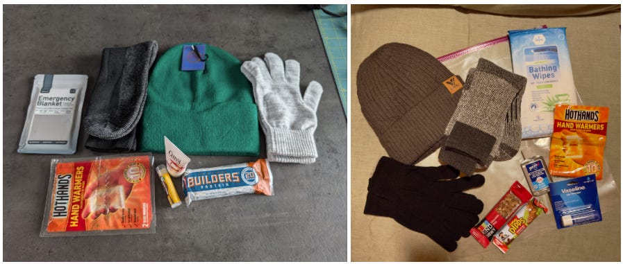 Two photographs of #Warm4Holiday kits that include hats, gloves, socks, energy bars, and emergency blankets.