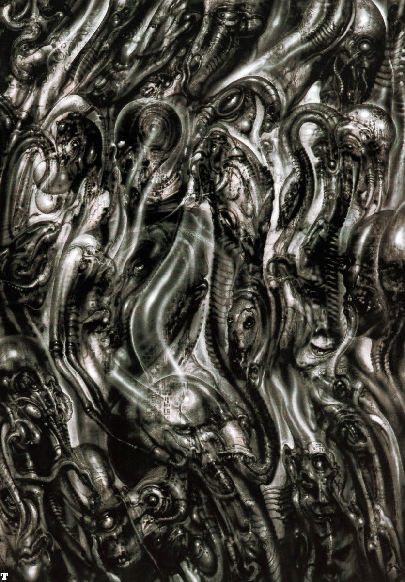 Alien Explorations: HR Giger's biomechanical landscape (work 413), 1979  (Lovecraftian monstrosities inspired by Jackson Pollock's "mural")