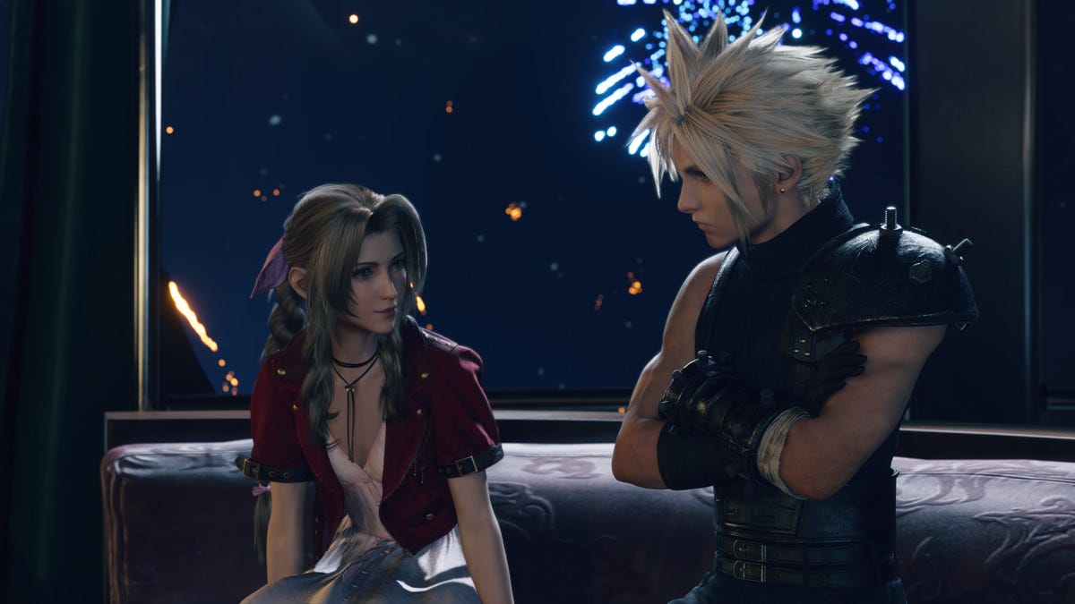 Aerith and Cloud look thoughtfully at each other. In the background, fireworks are going off