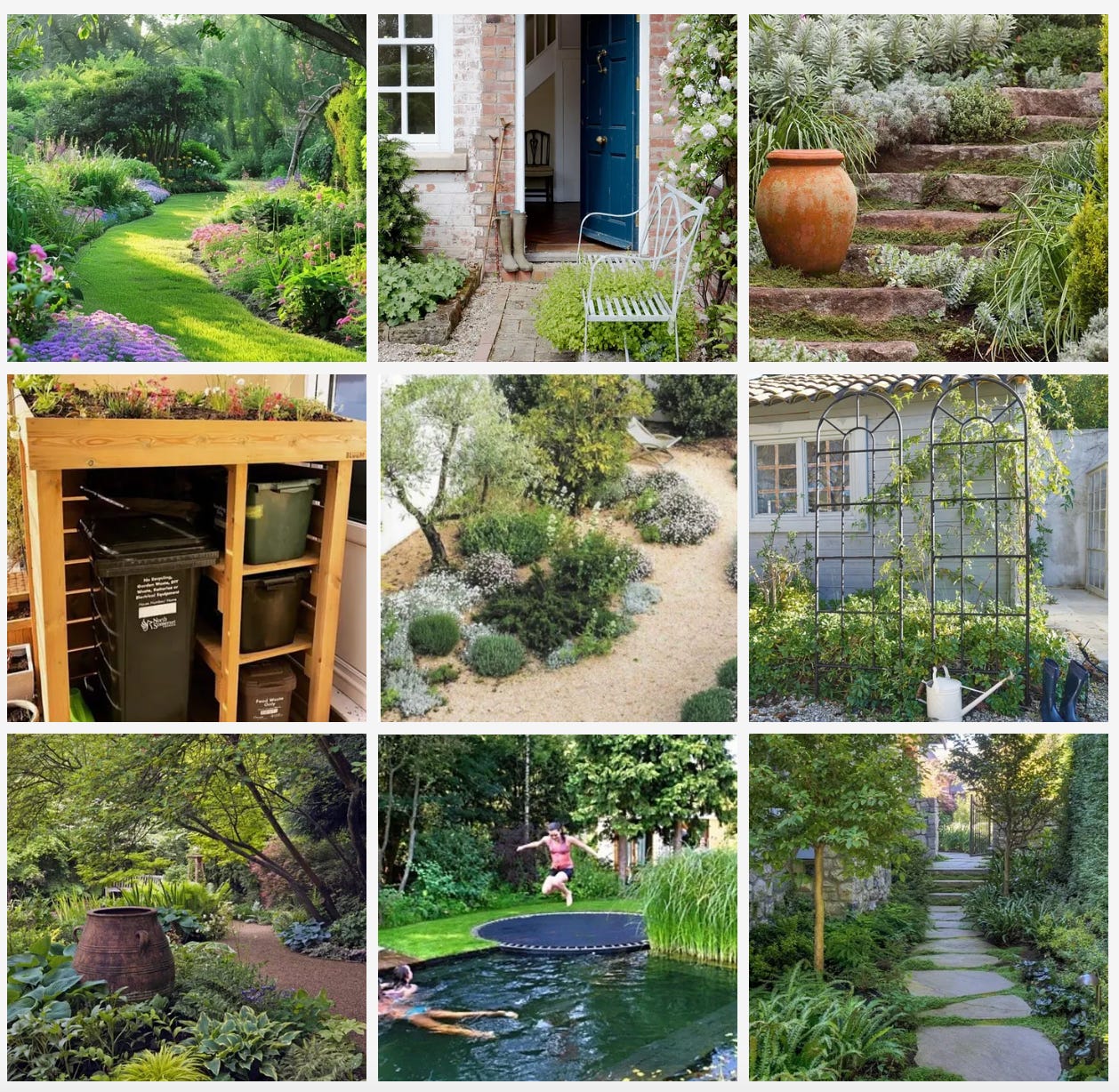 Different ages showing wheelie bin stores, front gardens, sloping gardens, garden steps, gravel garden, shady garden and a children's garden with a trampoline