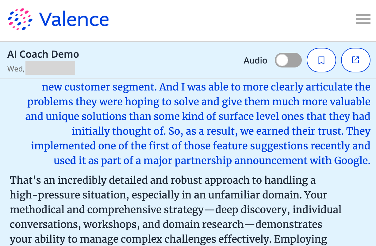 A screenshot of Valence's Nadia AI coaching app, showing Example 2 from the article (the sing-along example). The app user interface shows the AI text in black, and the user's transcribed text in blue. A screenshot of Valence's Nadia AI coaching app, showing Example 2 from the article (the sing-along example). The app user interface shows the AI text in black, and the user's transcribed text in blue.