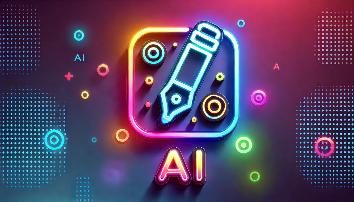 A modern, minimalist image representing AI writing. The design is simple, with few words, and bright, vibrant colors. The background is a gradient of neon colors, with abstract shapes symbolizing creativity and technology. The central theme is a glowing pen or typewriter key, symbolizing AI-powered writing. The overall style is sleek, clean, and futuristic, with bold, eye-catching hues like electric blue, neon pink, and lime green.