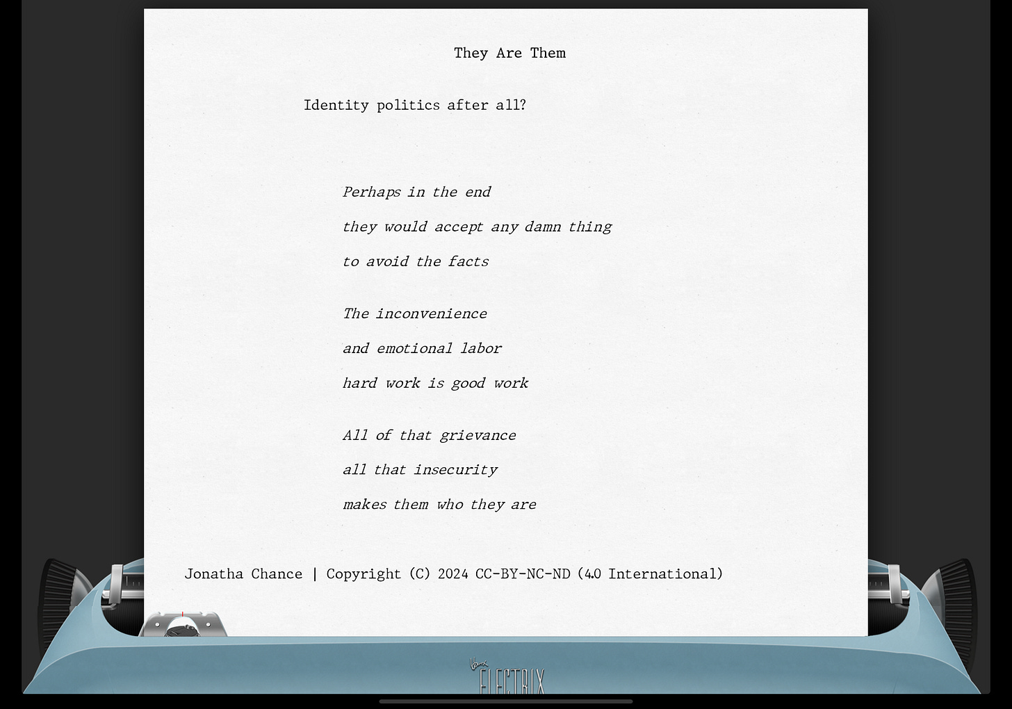Image of three stanzas of 17 sounds by Jonatha Chance rendered upon the Hanx Electrix virtual typewriter by the Hanx Writer app.