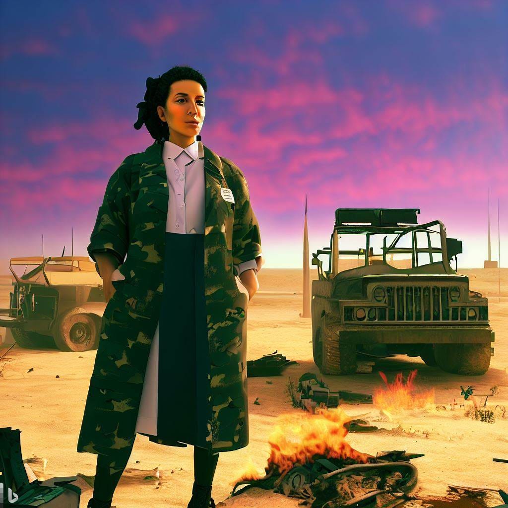 female mexican professor, desert test site, burned remains, military jeep, 2100, solarpunk