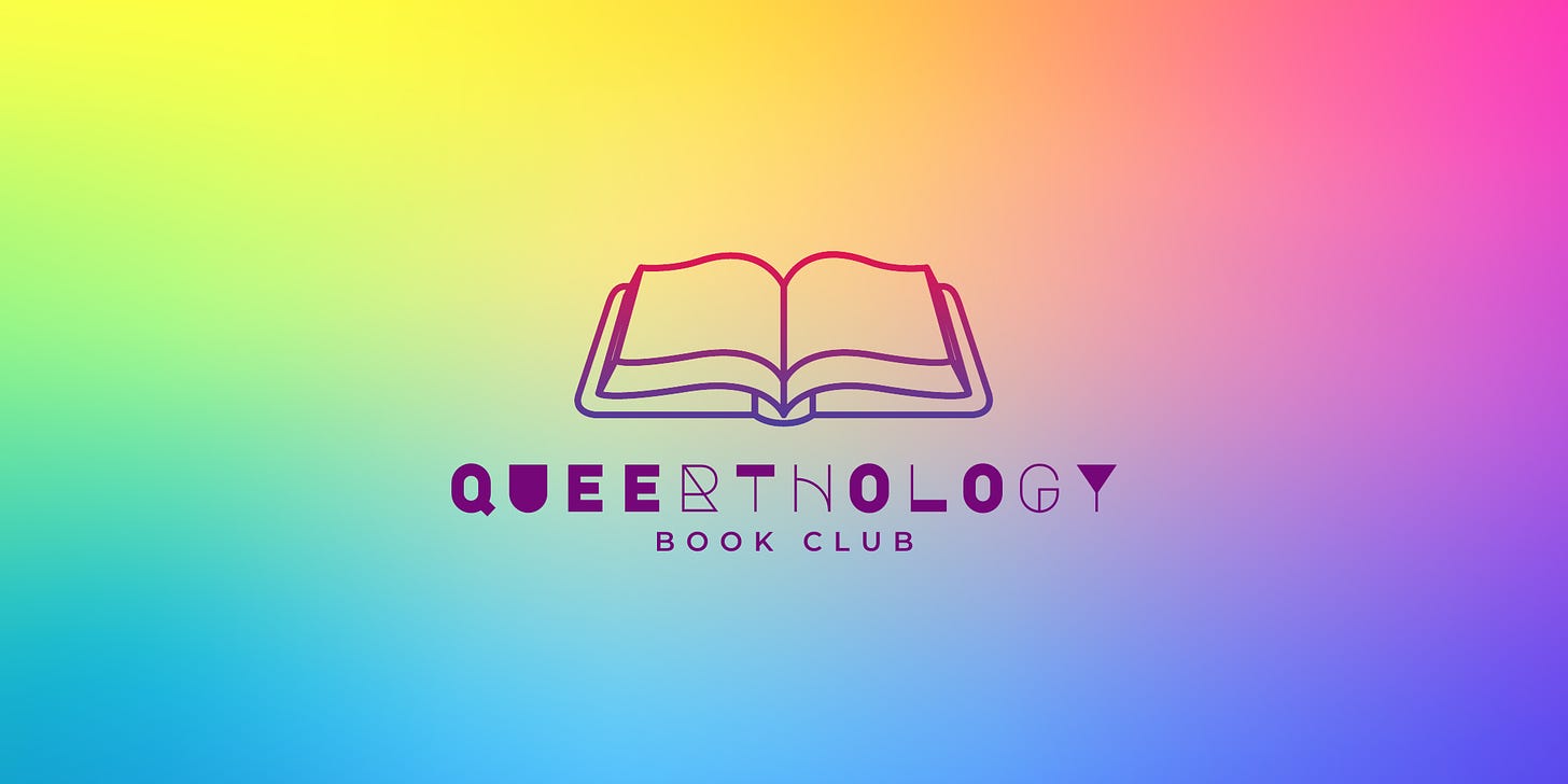 Illustration of an open book above the words, "Queerthology Book Club" on a rainbow gradient background