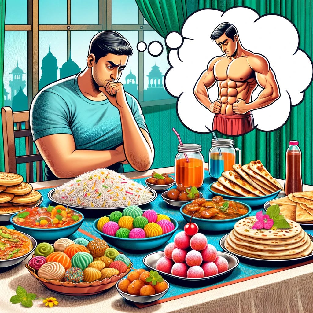 A colorful and busy dining table overloaded with typical Desi dishes like plates of rice, naan, and rotis, alongside various sweets like jalebis and gulab jamuns. The background shows a concerned person holding their stomach while looking at the food, with a thought bubble showing them thinking about a fit, muscular body. The image should have a mix of traditional Indian cuisine and modern health consciousness.