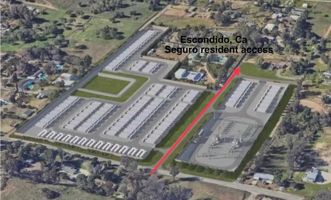 This is a rendering of the possible Seguro Battery Energy Storage System in Eden Valley near Escondido. Residents are furious and want the project relocated to an area zoned for industrial or a utility. Courtesy image