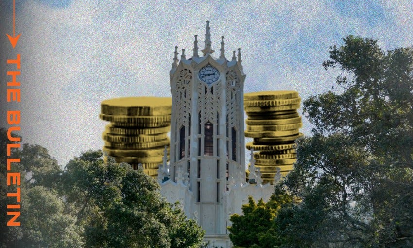 a composite showing the University of Auckland's clock tower with stacks of gold coins behind it, and the word "THE BULLETIN" on the left side.