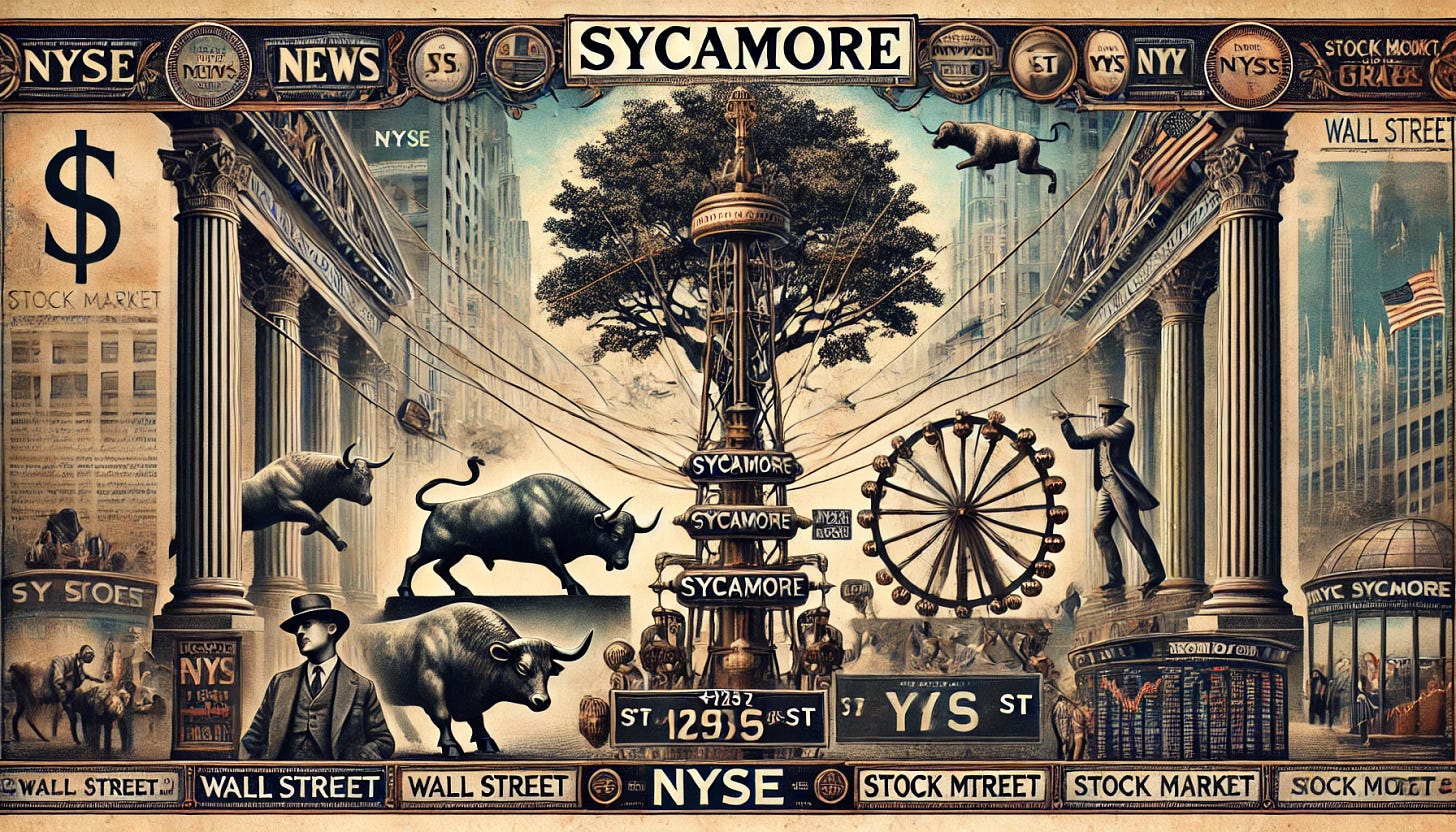 A visually striking horizontal illustration showing the transmission of news via a vintage telegraph wire system. The word 'Sycamore' is prominently displayed in a sophisticated font, blending seamlessly into the theme. The scene integrates stock market-related symbols, including a charging bull and a retreating bear, Wall Street signage, stock market charts, and the NYSE logo subtly incorporated. A roulette wheel is subtly included in the background, along with a majestic sycamore tree. Additionally, a small figure of Zacchaeus from the Gospel of Luke is perched on a branch of the sycamore tree, adding a biblical touch. The overall design uses a mix of vintage and modern styles to merge historical elements with contemporary stock market themes.