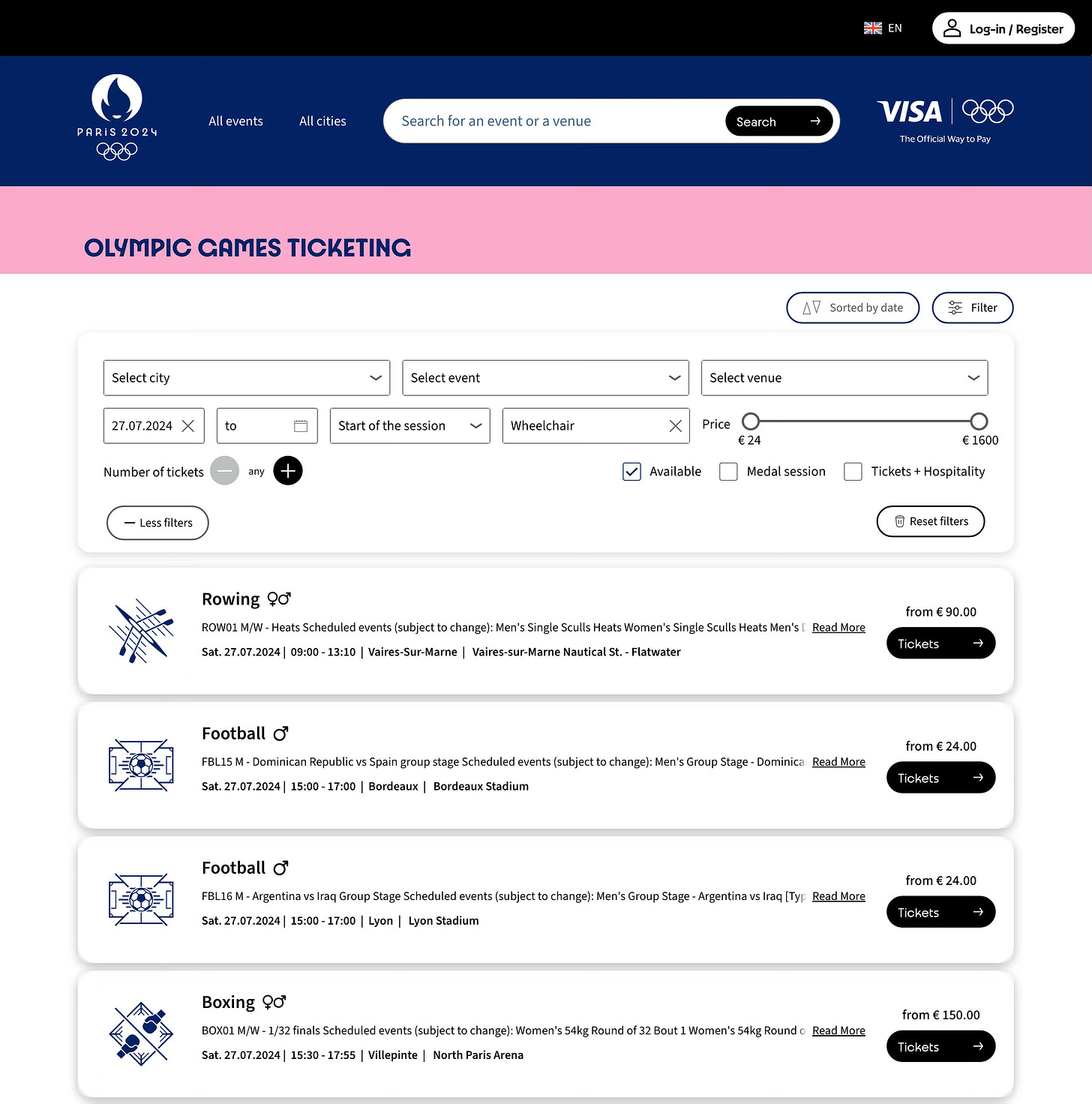 Screenshot of Olympics website with web search form for events and tickets.