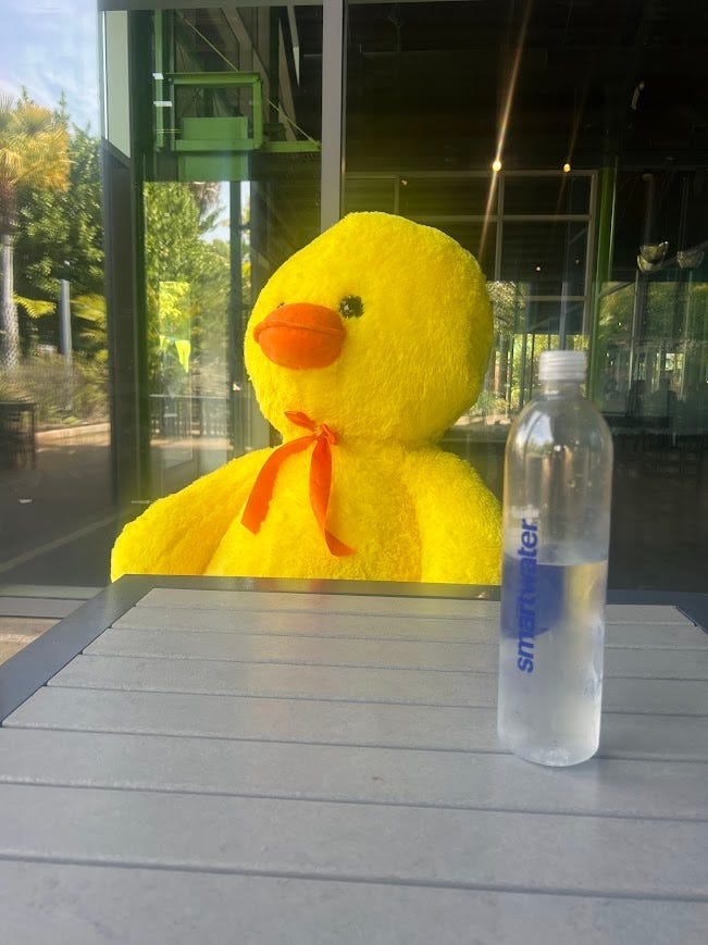 photo of a giant duck plushie sitting by itself at a table staring off into the distance