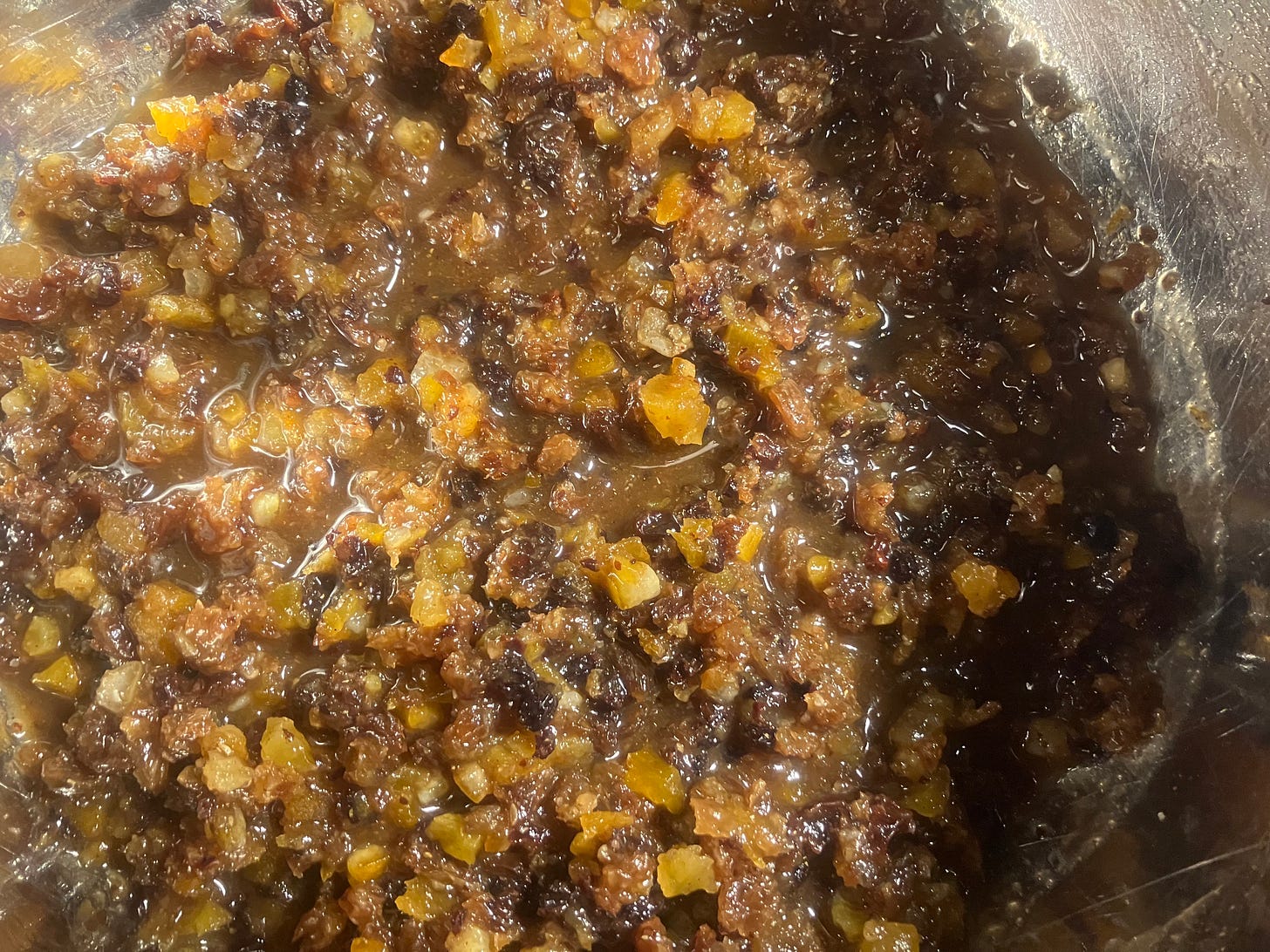 apricot and apple mincemeat in a steel bowl