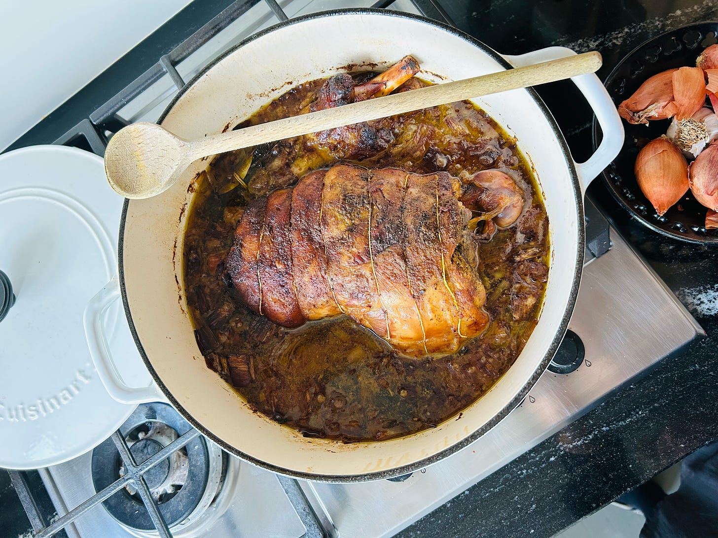 Slow-cooked lamb shoulder on the stovetop