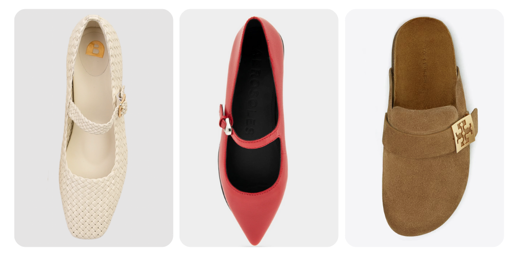 Footwear styles from Bared Footwear, Aerosoles and Tory Burch.