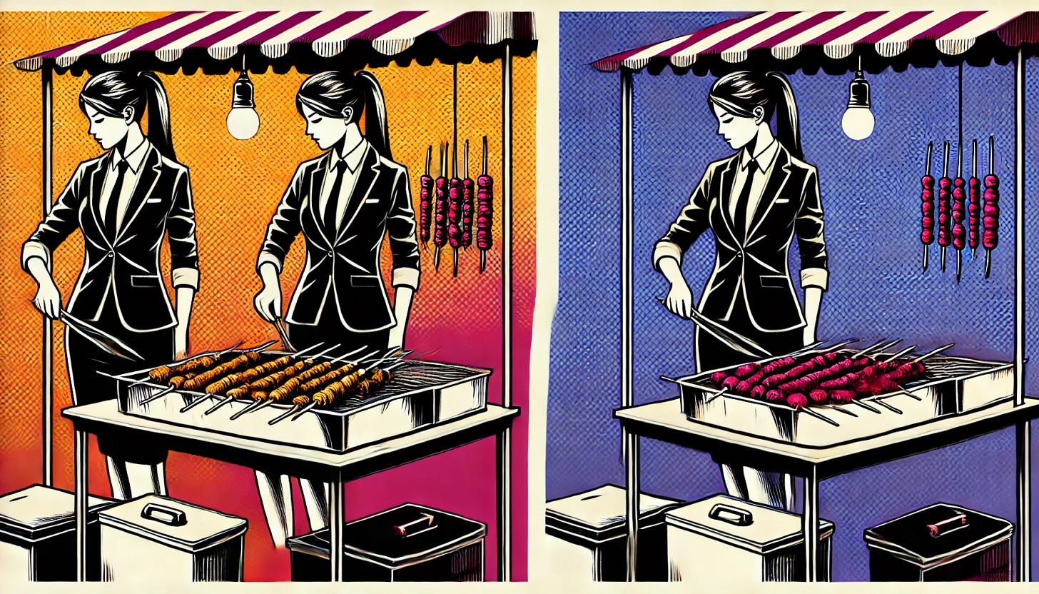 A pop art style illustration depicting a sharply dressed woman in a business suit selling barbecue at a night market. The color palette is restricted to bright purple, bright orange, black, and white, with a white background. The design features the woman grilling skewers at a simple market stall under the warm glow of market lights, blending the professional and casual atmosphere of the night market. The scene is clean and minimal, capturing the unique contrast of elegance and informality.