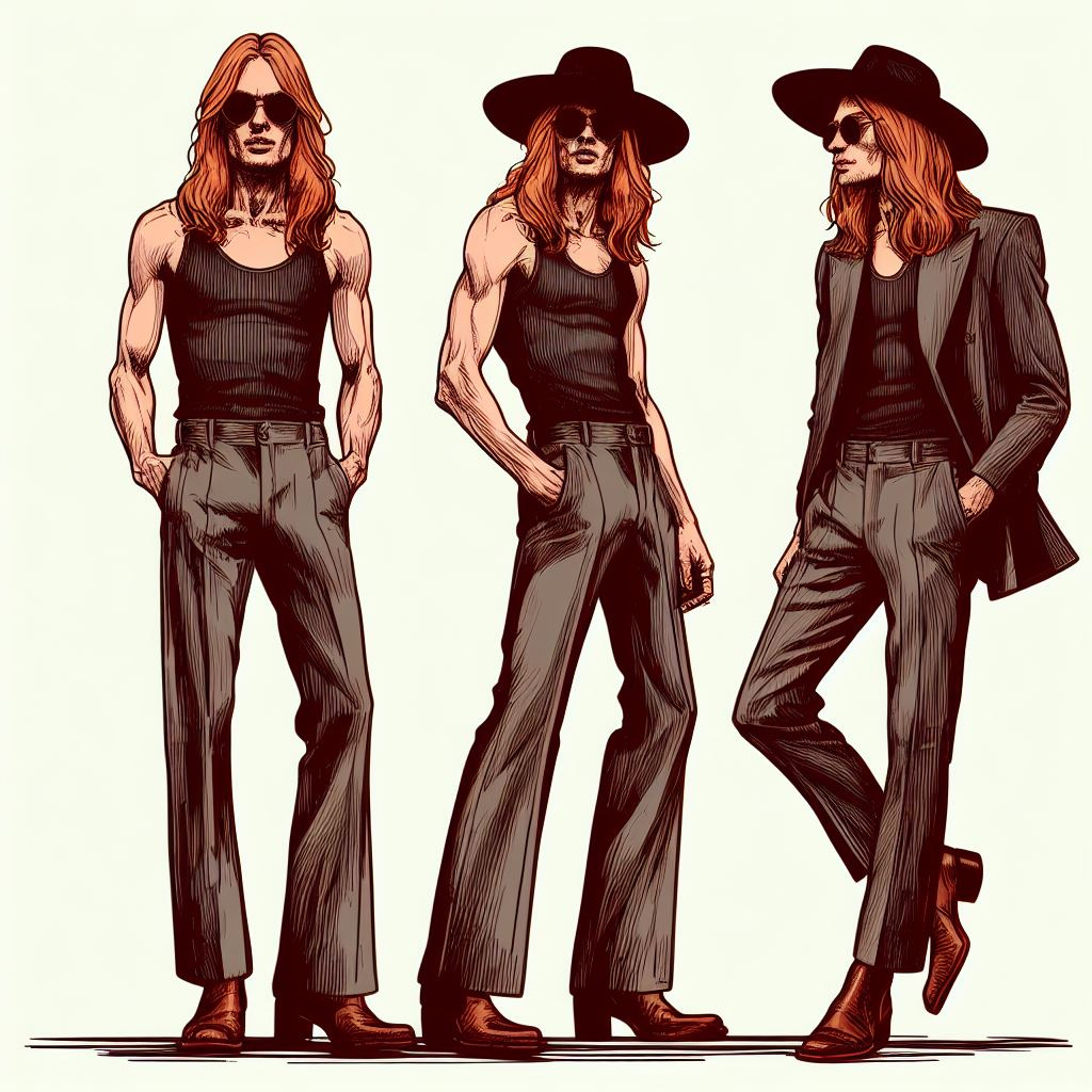 chic stylish illustration from 1971 of a thin lithely muscular red-blonde long-haired man whose mind has been stolen and his psychic twin cannibal with an angular jawline and high cheekbones wearing movie star sunglasses and a wide-brimmed hat with a fine-ribbed tank top tucked into slim charcoal grey worsted wool trousers with elegant italian boots 