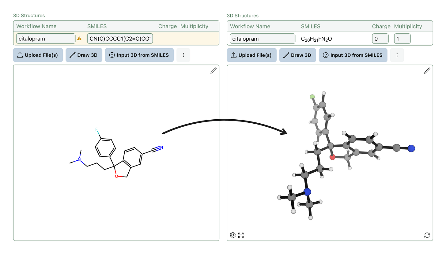 Screenshots showing citalopram being transformed from a 2D structure to a 3D structure.