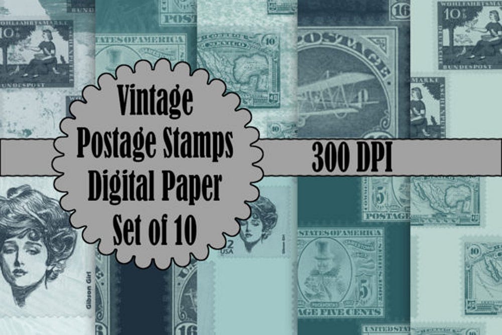 Vintage postage stamps digital paper set