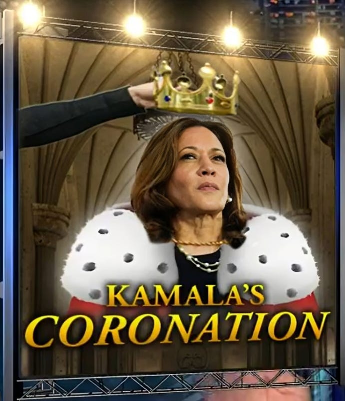 A satirical image of Kamala Harris wearing royal attire and a crown being placed on her head, symbolizing her being crowned as the Democratic nominee.