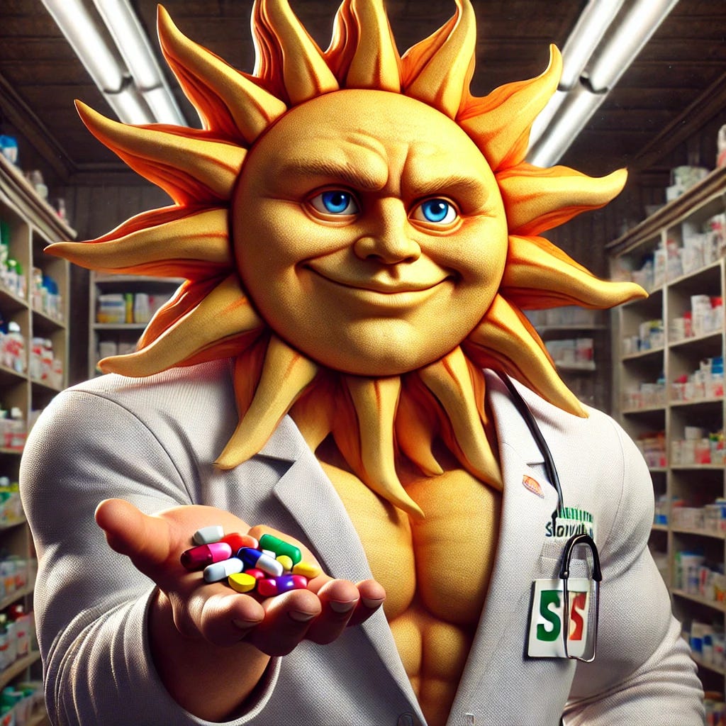 An anthropomorphic sun character with a tough, rugged demeanor but a confident and approachable smile. The character has bold facial features, a strong and chiseled look, and wears a slightly weathered white lab coat. It holds a hand full of colorful pills in a commanding yet friendly way. The background is a detailed pharmacy setting with shelves of medicine and an industrial, no-nonsense atmosphere. The sun's rays are sharp and powerful, complementing its authoritative but warm expression.