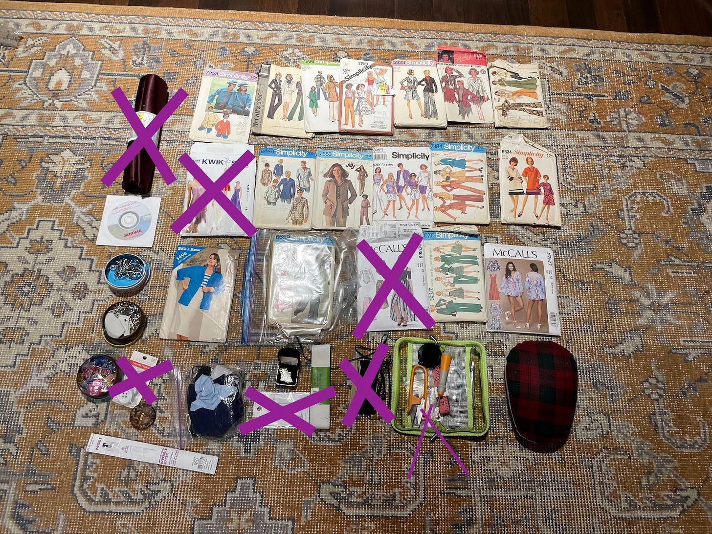 Photo of some sewing stuff with some items crossed out