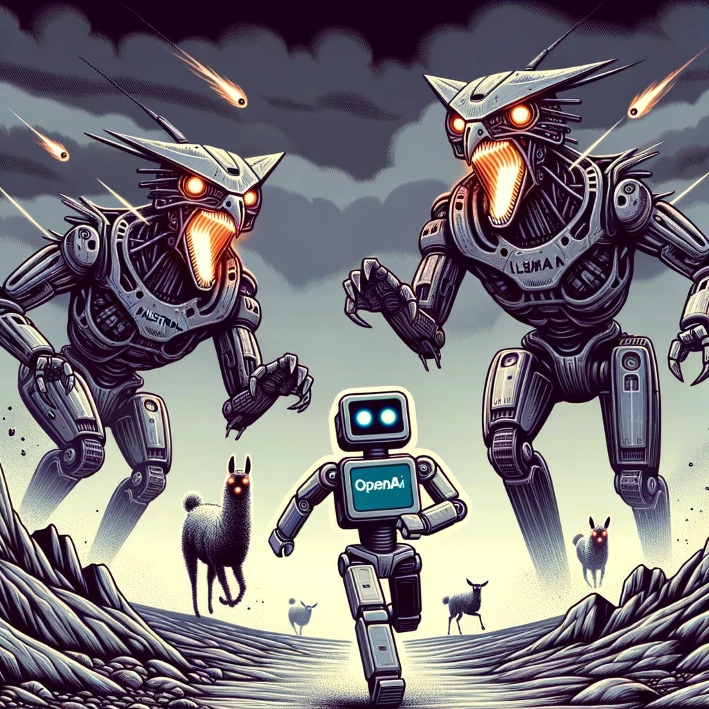 Illustration of a dystopian landscape where a visibly scared robot marked with the OpenAI logo is being chased across a desolate, rocky terrain by three aggressive robots. The robots, labeled 'Falcon', 'Mistral', and 'Llama', are depicted with fierce designs, sharp angles, and glowing eyes, clearly on the hunt as the OpenAI robot looks back in horror, trying to evade capture.