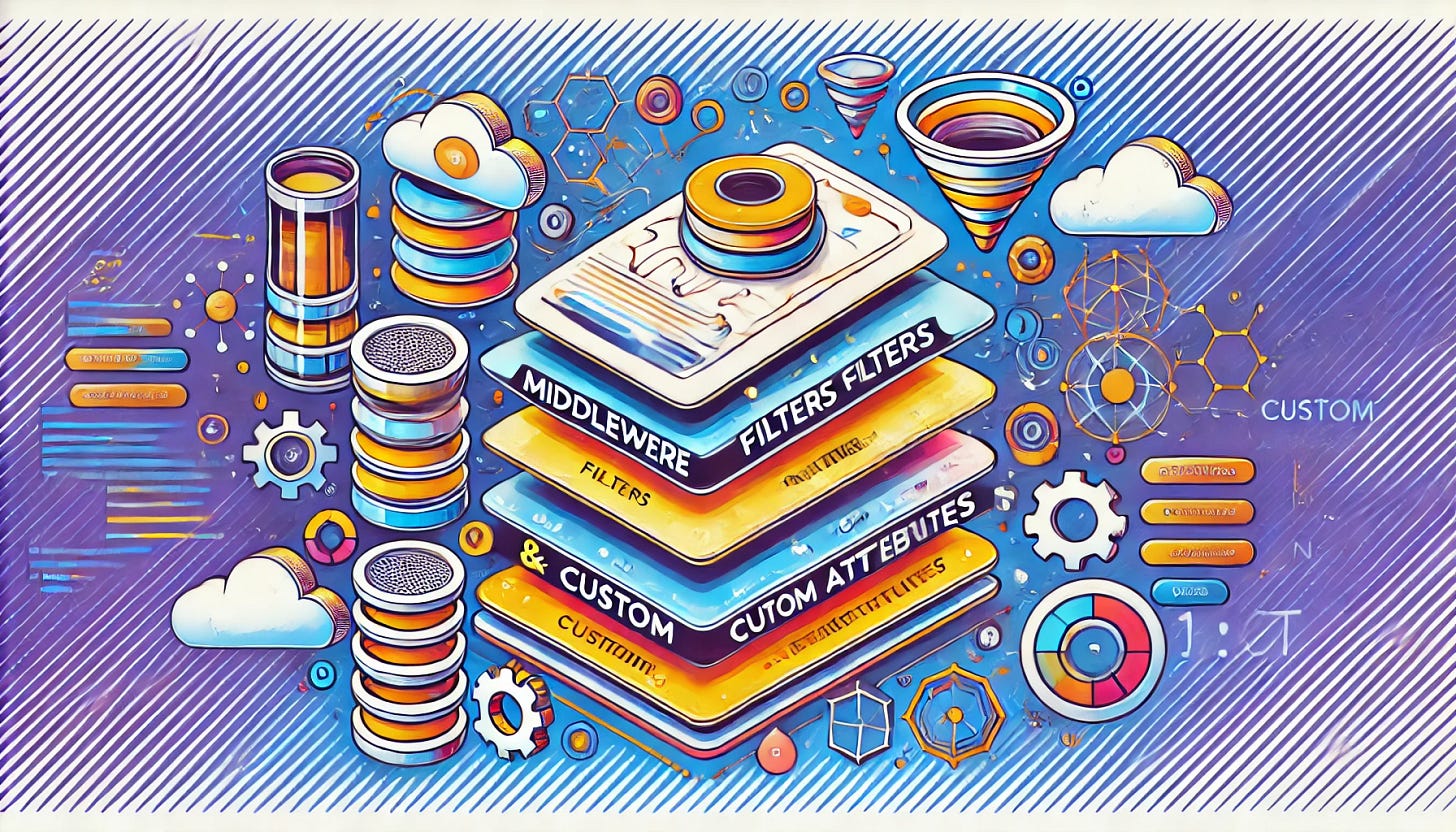 A 16:9 banner image for a blog about middleware, filters, and custom attributes in .NET. The image should feature abstract elements representing layers, filtering, and customization in software architecture. Use vibrant and engaging visuals that suggest layers of middleware, funneling (for filters), and icons representing customization without text. The design should be modern, tech-focused, and visually appealing.