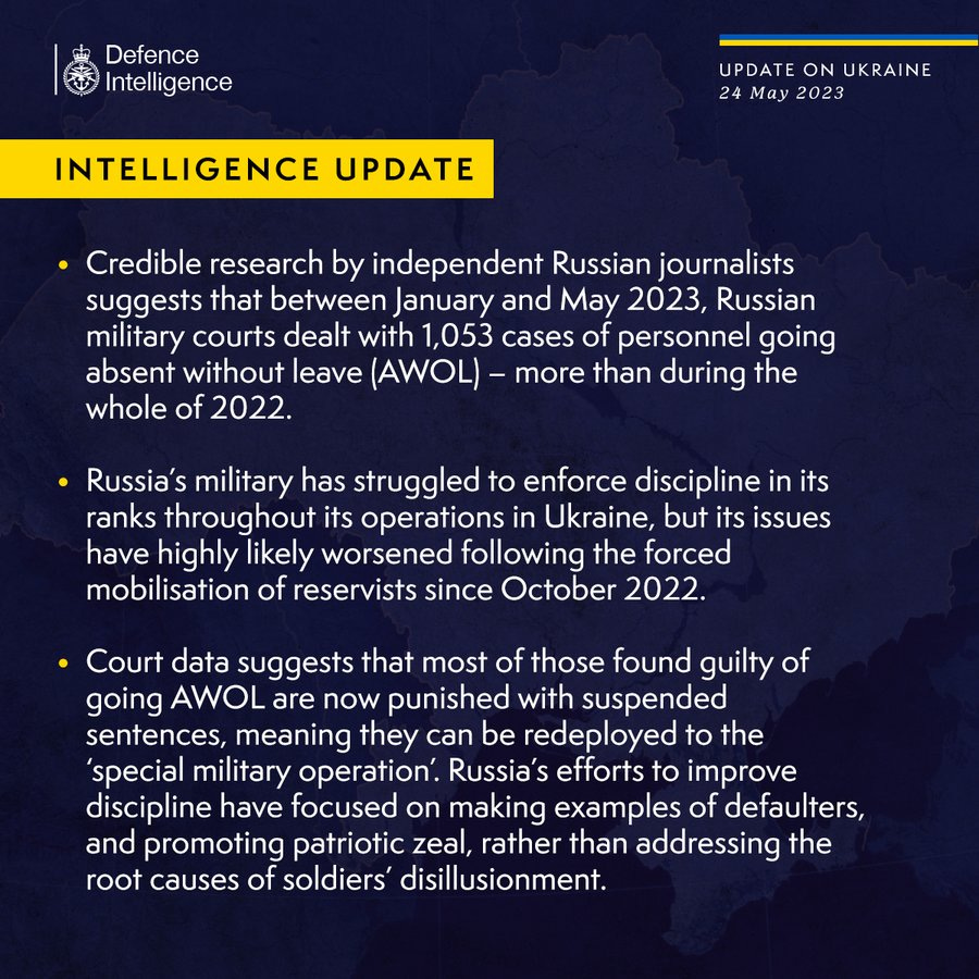 Latest Defence Intelligence update on the situation in Ukraine - 24 May. Please read thread below for full image text.